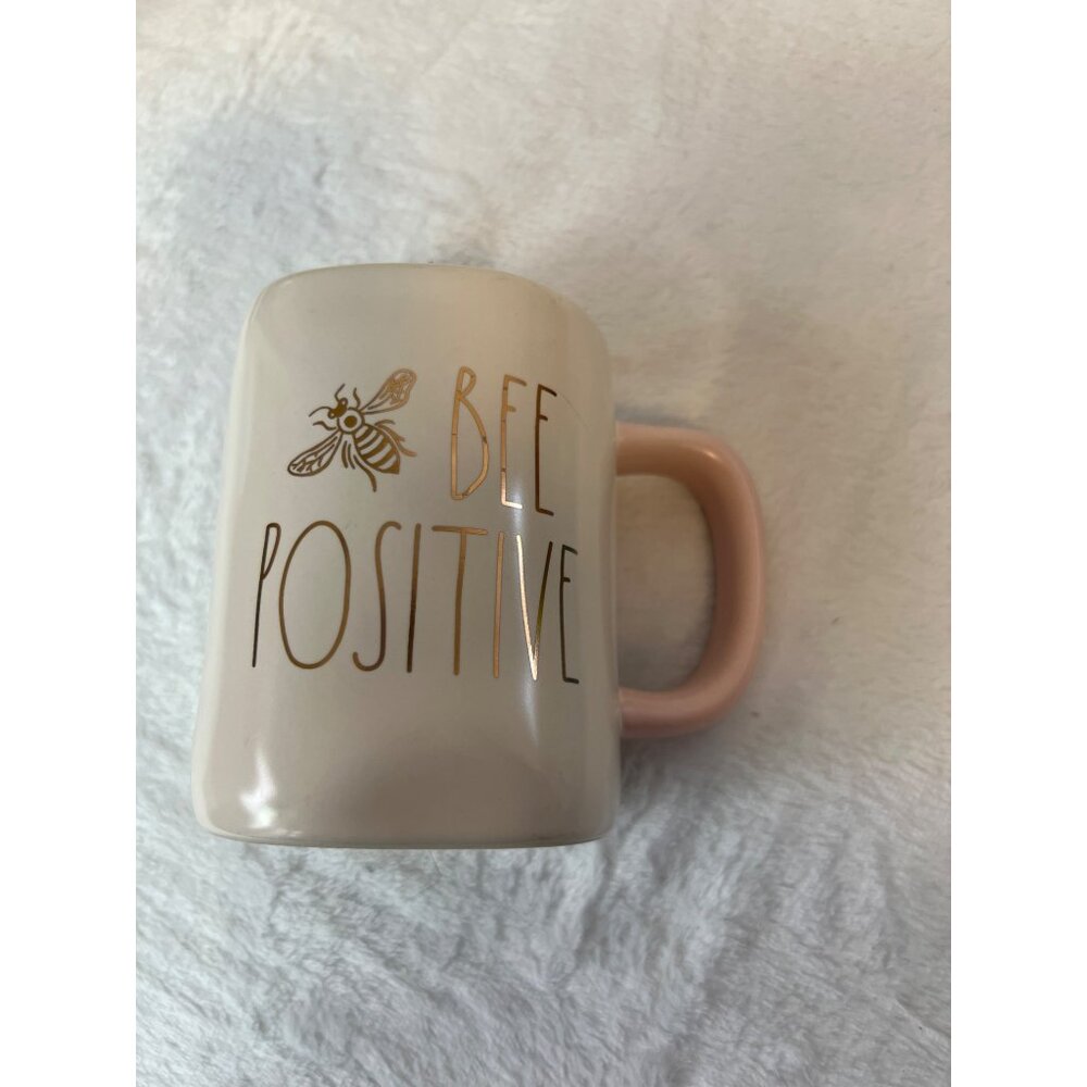 Rae Dunn Bee Positive Oversized Mug Soft Cream/baby Pink Gold writing - Picture 3 of 6